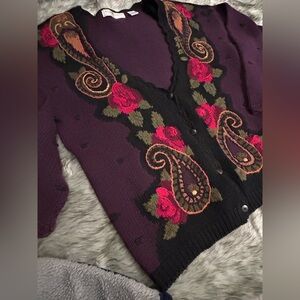 Maggie Lawrence Collection: Vintage Floral Embroidered Purple,Button Cardigan